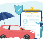 A diverse group of young adults looking confidently at a car insurance policy document
