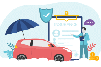 A diverse group of young adults looking confidently at a car insurance policy document