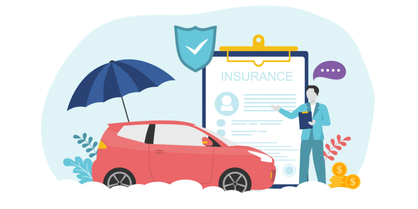 A diverse group of young adults looking confidently at a car insurance policy document