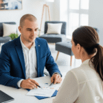 A professional and approachable personal financial consultant sitting across a table from a couple, collaboratively reviewing a tablet that displays positive-looking financial charts and goals.