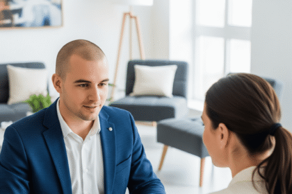 A professional and approachable personal financial consultant sitting across a table from a couple, collaboratively reviewing a tablet that displays positive-looking financial charts and goals.