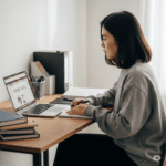 A professional sitting at a clean, modern desk with a laptop open to an online course dashboard, looking thoughtfully out a window towards a city skyline, symbolizing their focus on career advancement.