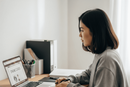 A professional sitting at a clean, modern desk with a laptop open to an online course dashboard, looking thoughtfully out a window towards a city skyline, symbolizing their focus on career advancement.