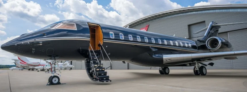 A sleek, modern private jet on a tarmac at sunset, with a couple in luxurious attire walking towards it, evoking a sense of exclusivity and freedom. The term "private jet charter" is subtly visible.