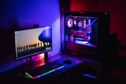 A custom-built gaming PC with vibrant RGB lighting showcasing its internal components.