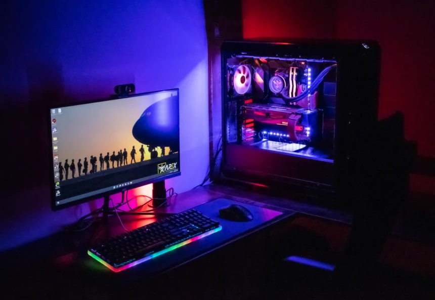 A custom-built gaming PC with vibrant RGB lighting showcasing its internal components.
