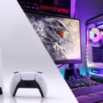 A PlayStation 5 console and an Xbox Series X console shown side-by-side on a media stand.