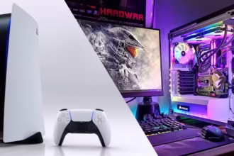 A PlayStation 5 console and an Xbox Series X console shown side-by-side on a media stand.