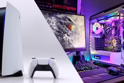 A PlayStation 5 console and an Xbox Series X console shown side-by-side on a media stand.