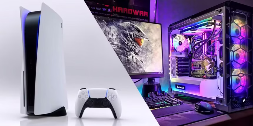 A PlayStation 5 console and an Xbox Series X console shown side-by-side on a media stand.